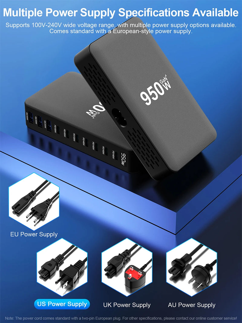 950W USB C GaN Charger 100W PD3.0 PPS QC3.0 Multiport Fast Charging Station For Laptop iPhone Samsung Macbook Pro Tablet