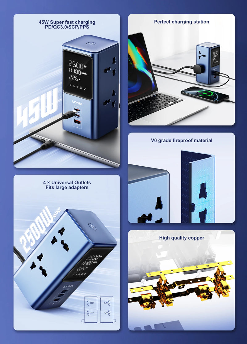 LDNIO Vertical Universal Socket Tower Power Strip Multi Outlets with 45W PD USB C Fast Charging Stations Extension Cable LED