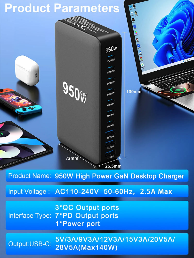 950W USB C GaN Charger 100W PD3.0 PPS QC3.0 Multiport Fast Charging Station For Laptop iPhone Samsung Macbook Pro Tablet