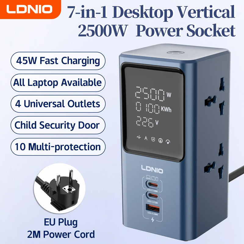 LDNIO Vertical Universal Socket Tower Power Strip Multi Outlets with 45W PD USB C Fast Charging Stations Extension Cable LED