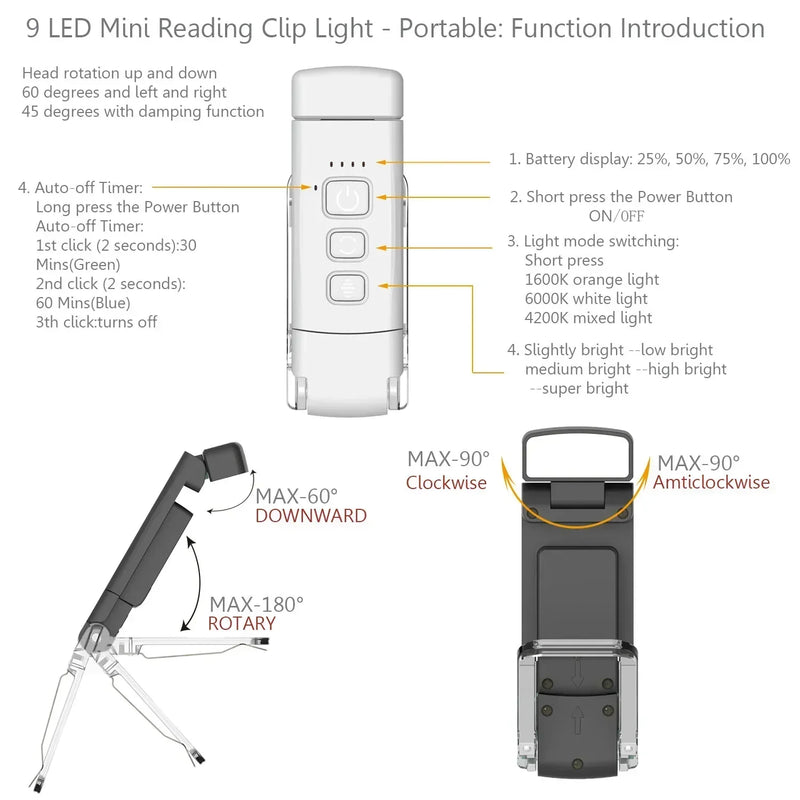 Rechargeable LED Clip-On Book Light – Portable Reading Light with Timer