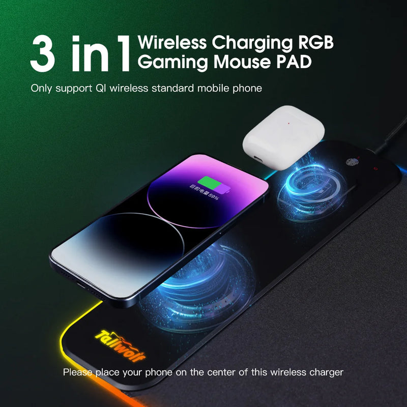 RGB Wireless Charging Gaming Mouse Pad – LED Mouse Mat with Phone Charger