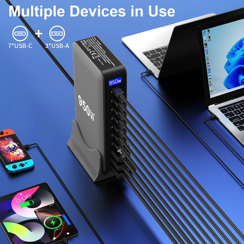 950W USB C GaN Charger 100W PD3.0 PPS QC3.0 Multiport Fast Charging Station For Laptop iPhone Samsung Macbook Pro Tablet