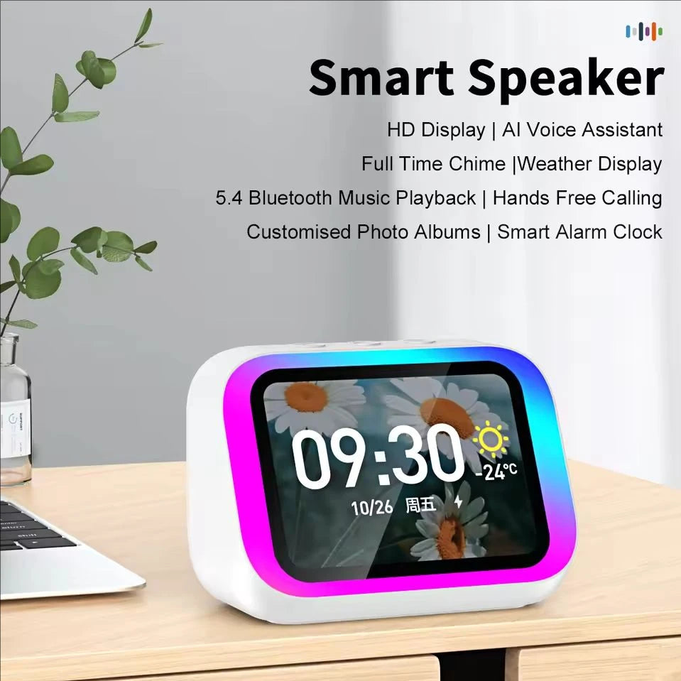 AI Smart Bluetooth 5.4 Speaker HD Touch Screen Display Electronic Album Alarm Clock Hi-fi Stereo Sound Voice Speaking Assistant