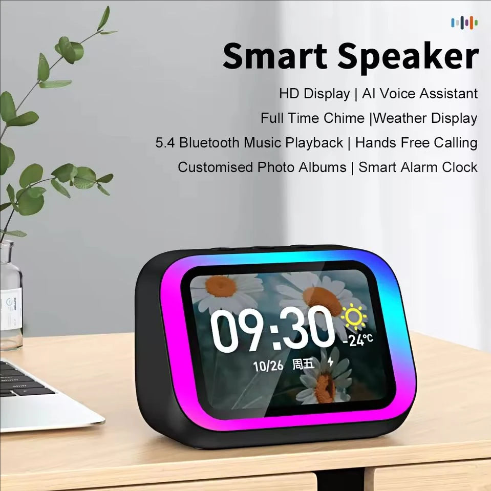 AI Smart Bluetooth 5.4 Speaker HD Touch Screen Display Electronic Album Alarm Clock Hi-fi Stereo Sound Voice Speaking Assistant