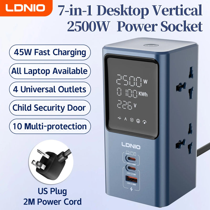 LDNIO Vertical Universal Socket Tower Power Strip Multi Outlets with 45W PD USB C Fast Charging Stations Extension Cable LED