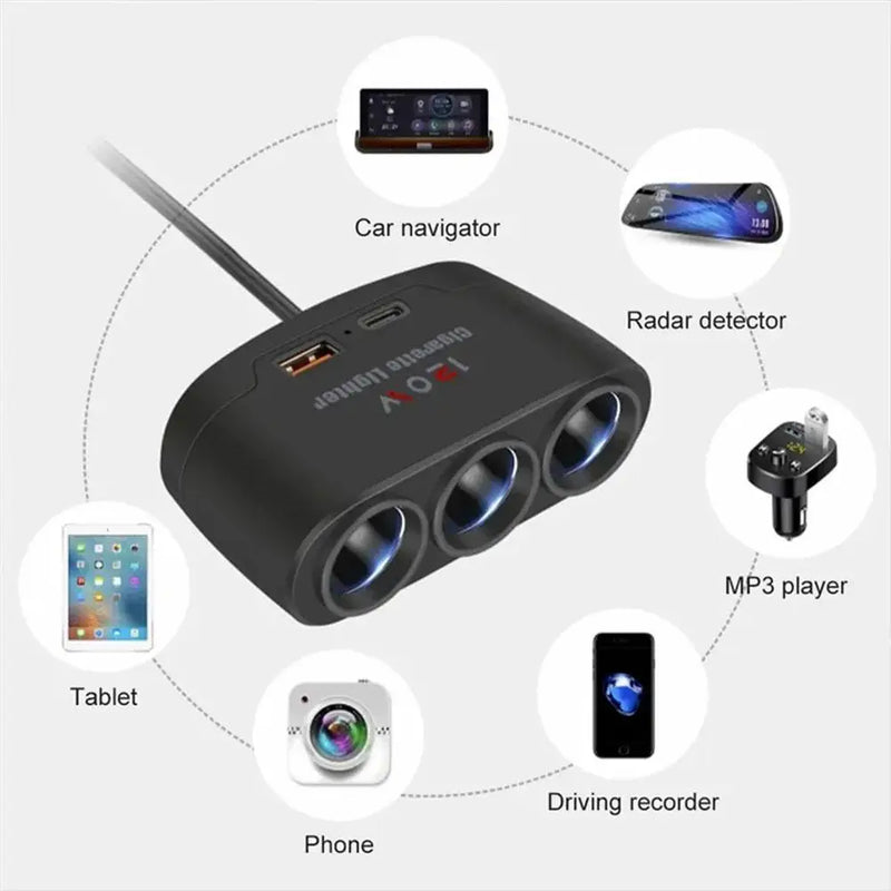 3 In 1 Three USB Charger Splitter Outlet Power Adapter Fast Charger Plug 12V Car Cigarette Lighter Socket For Car DVR GPS Dashca