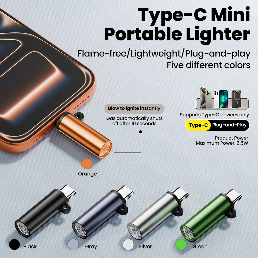 Type C Mini Cigarette Lighter Blow-to-Ignite Auto Shut-Off Outdoor Safety USB C Mobile Cigarette Lighter Adapter For iPhone 17