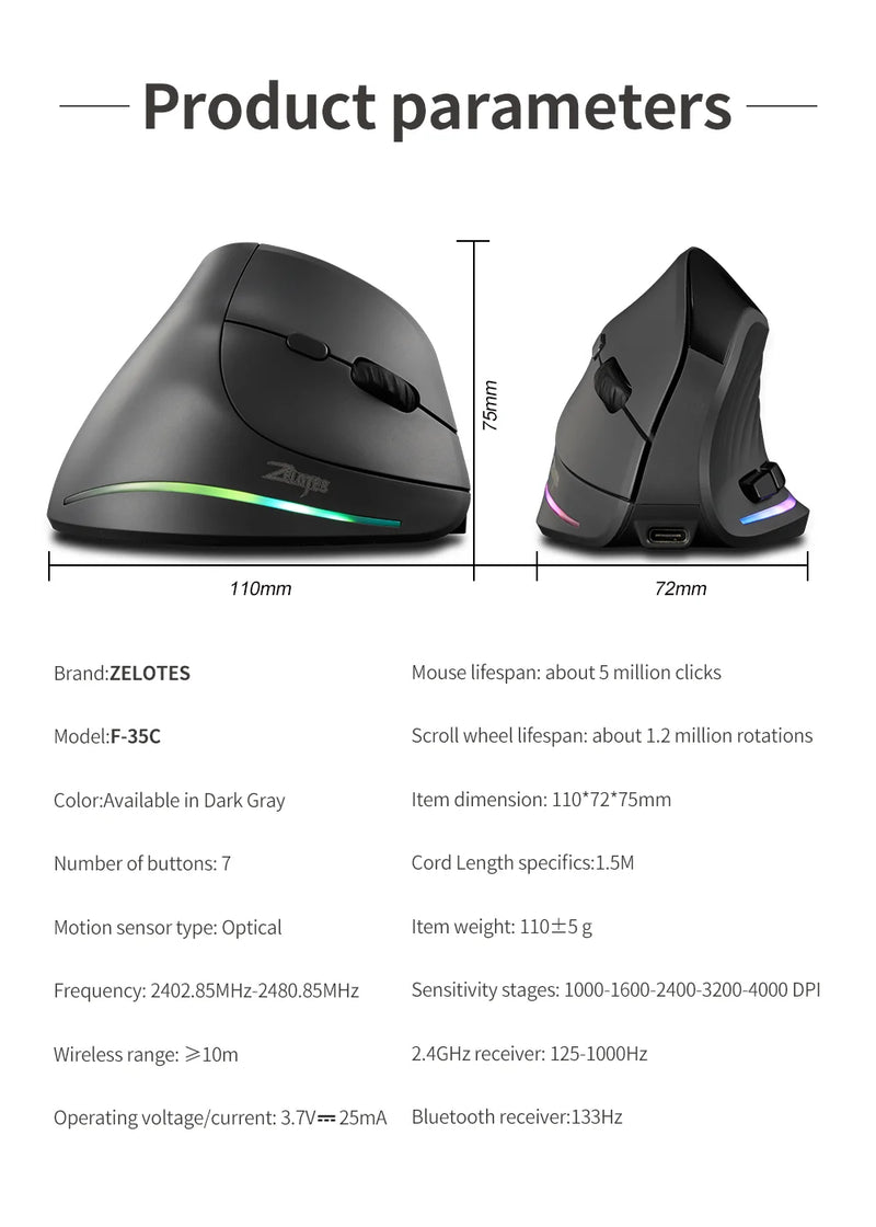 Lefon 2.4G Ergonomic Mouse Vertical Wireless Mouse Rechargeable Gaming Mice for PC Laptop MacOS Office F35C/F35B/F35 버티컬 마