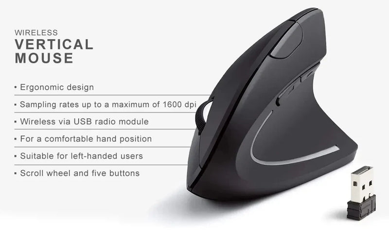 HOMEFISH Vertical Mouse Ergonomic 2.4GHz Wireless Optical Mice 3 Adjustable DPI 800/1200/1600 6 Buttons for Laptop PC Computer