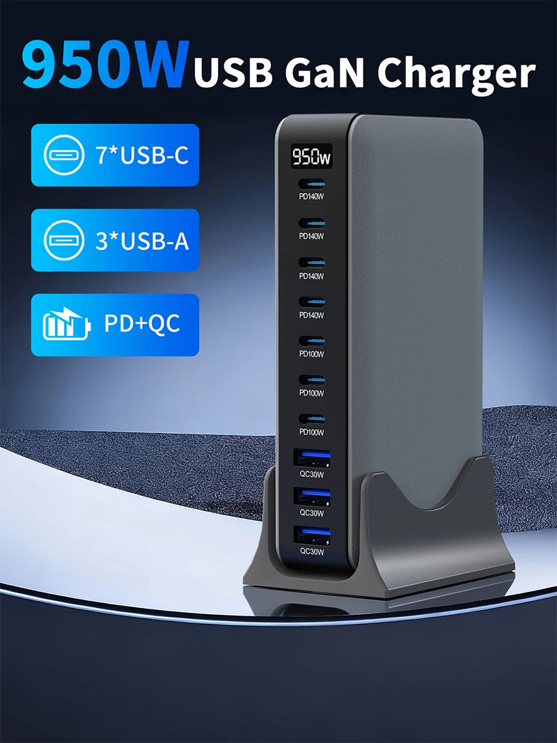 950W USB C GaN Charger 100W PD3.0 PPS QC3.0 Multiport Fast Charging Station For Laptop iPhone Samsung Macbook Pro Tablet