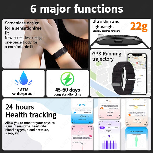 LIGE Smart Health Bracelet – Heart Rate & Blood Pressure Fitness Tracker (Waterproof)