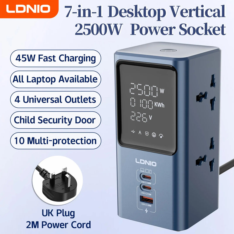 LDNIO Vertical Universal Socket Tower Power Strip Multi Outlets with 45W PD USB C Fast Charging Stations Extension Cable LED
