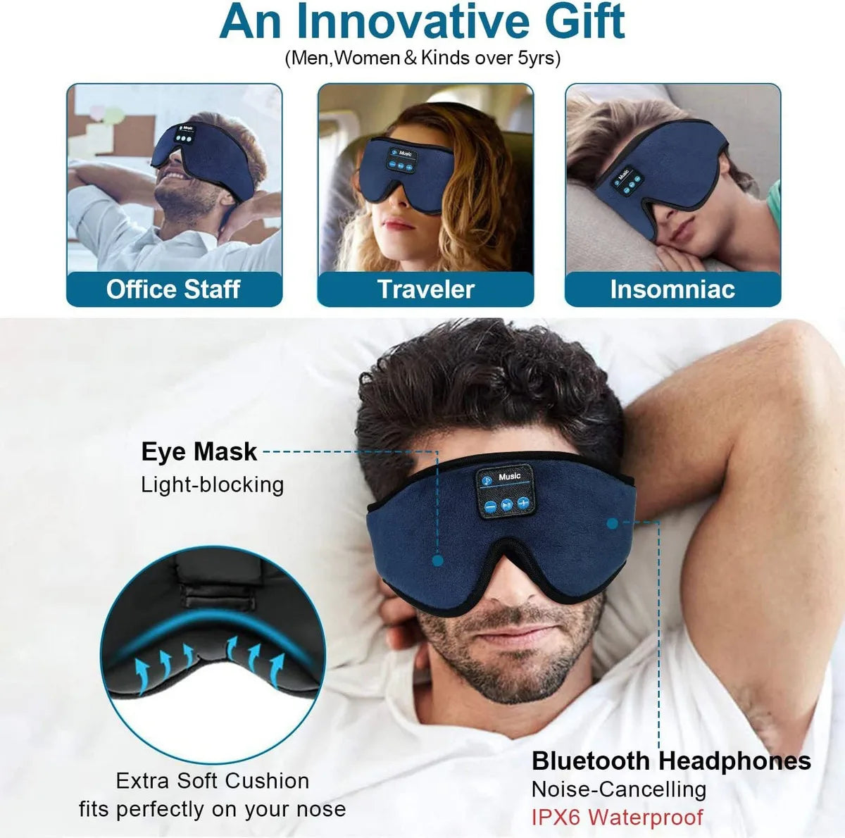 Bluetooth Sleep Headphones Headband – Wireless Music Eye Mask for Side Sleepers